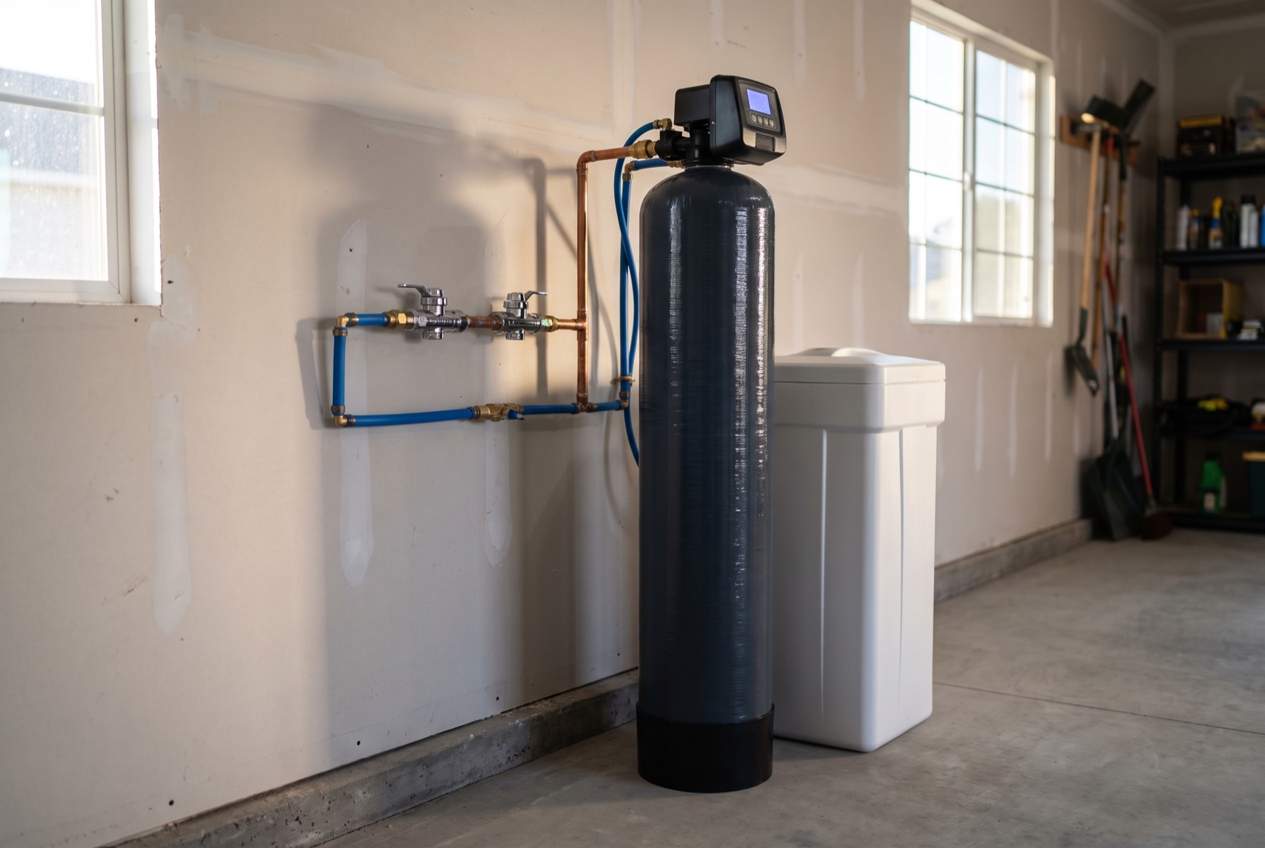 Whole-home water softener and brine tank installed in a residential garage